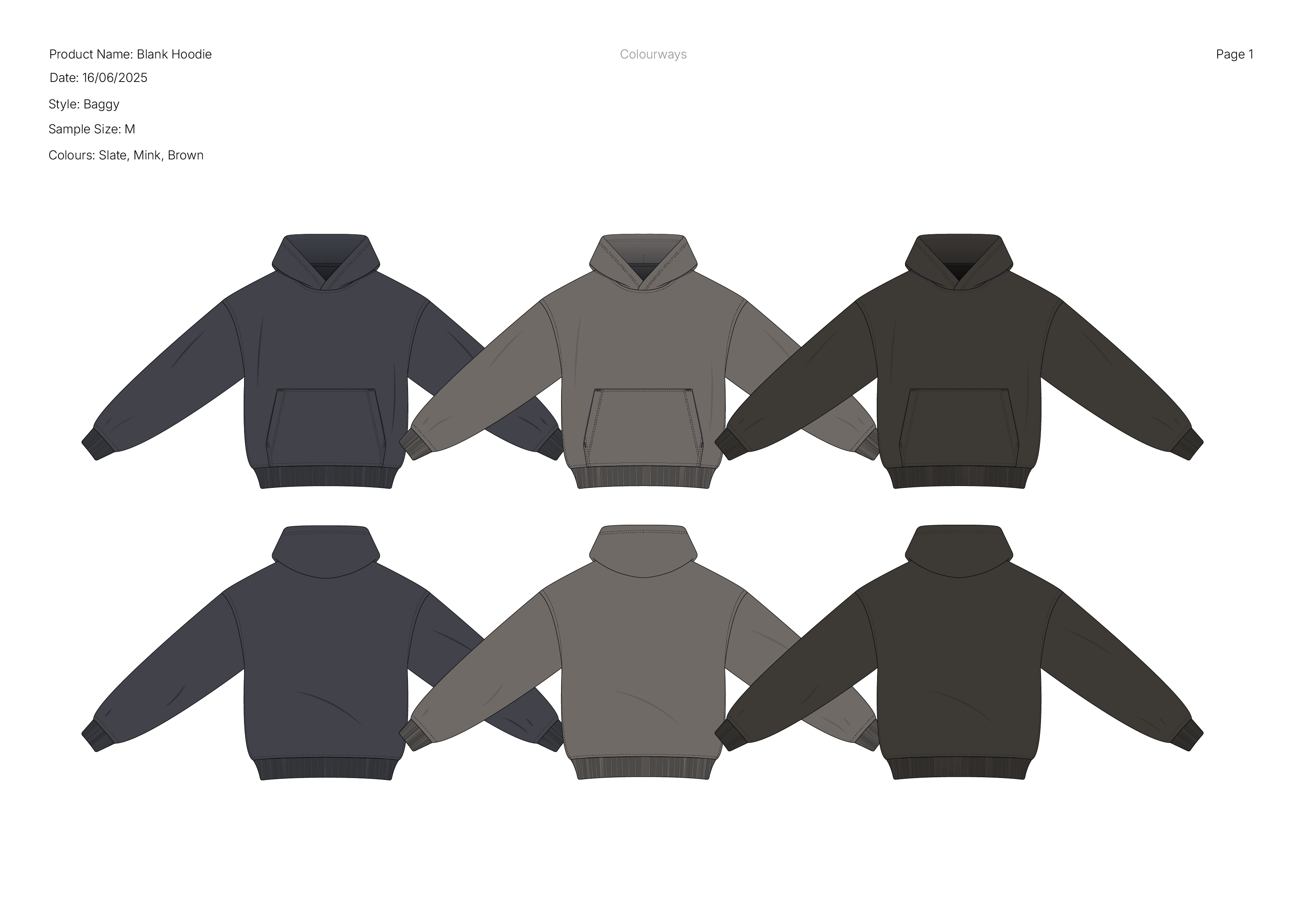 Hoodie technical drawings in six colourways